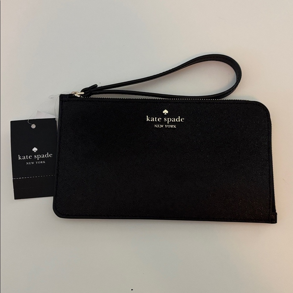 Kate Spade Glitter Lucy L-Zip Wristlet in Black with Gold Logo - NWT